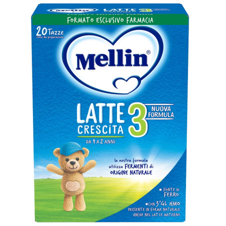Confezione da 700 grammi di Mellin 3, latte di crescita per bambini da 1 a 2 anni.