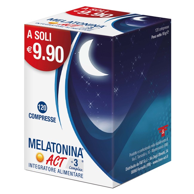 Confezione da 120 compresse di Melatonina Act +3 Complex, integratore per favorire il sonno. Confezione da 120 compresse di Melatonina Act +3 Complex, integratore per favorire il sonno.
