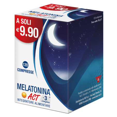 Confezione da 120 compresse di Melatonina Act +3 Complex, integratore per favorire il sonno. Confezione da 120 compresse di Melatonina Act +3 Complex, integratore per favorire il sonno.