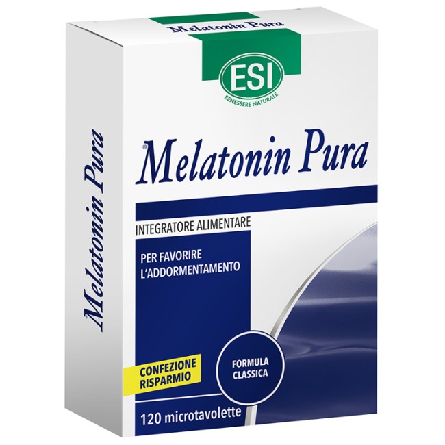 Confezione da 120 microtavolette di Esi Melatonin Pura, integratore utile per avere un sonno riposante. Confezione da 120 microtavolette di Esi Melatonin Pura, integratore utile per avere un sonno riposante.