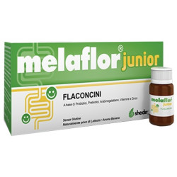Confezione da 12 flaconcini di Melaflor Junior, integratore per rinforzare flora intestinale e sistema immunitario.