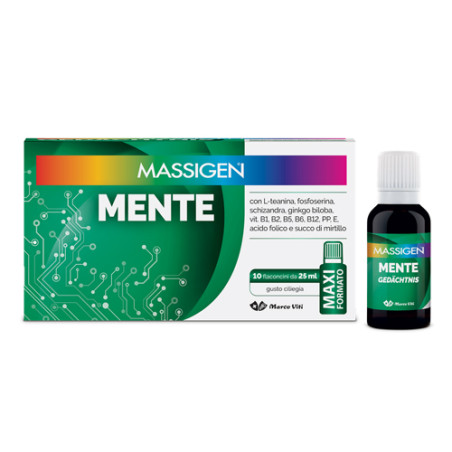 Confezione da 10 flaconcini di Massigen Mente, integratore per le funzioni cognitive Confezione da 10 flaconcini di Massigen Mente, integratore per le funzioni cognitive