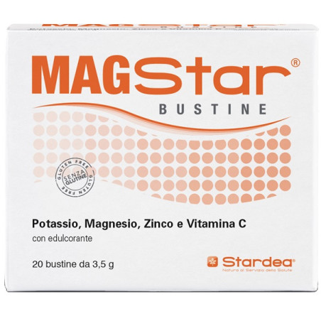 Confezione da 20 bustine di Stardea MagStar, integratore di sali minerali per energia e idratazione.