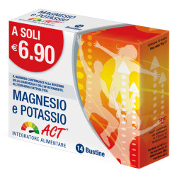 Confezione da 14 bustine di Magnesio e Potassio ACT, integratore ricostituente.