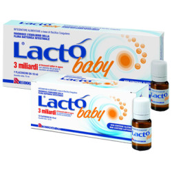 Confezione da 7 flaconcini di Lacto Baby, integratore probiotico per il benessere intestinale dei bambini.