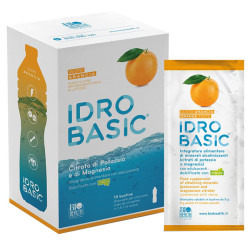 Confezione da 15 bustine di Idrobasic, integratore contro crampi muscolari e affaticamento.