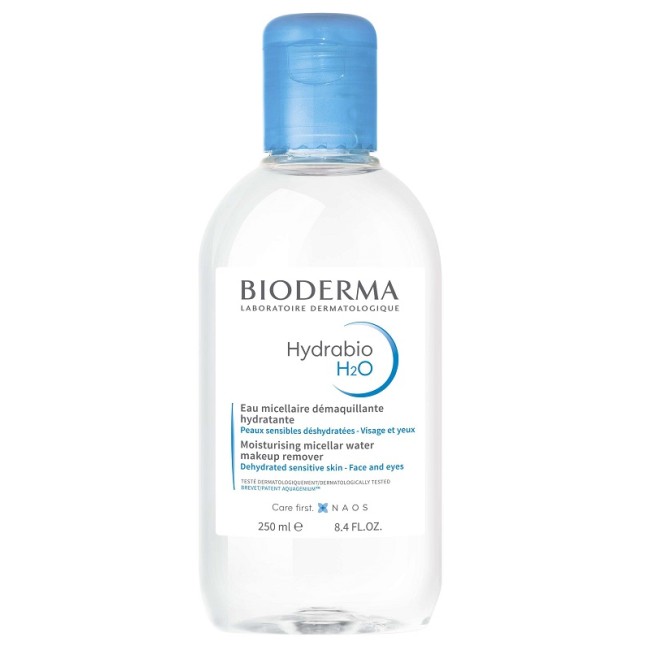 Flacone da 250 ml di Bioderma Hydrabio H2O Acqua Micellare Struccante Idratante. Flacone da 250 ml di Bioderma Hydrabio H2O Acqua Micellare Struccante Idratante.