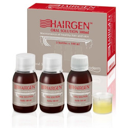 Confezione contenente 3 flaconi da 100 ml di Hairgen, integratore per la cura di capelli, pelle e unghie.