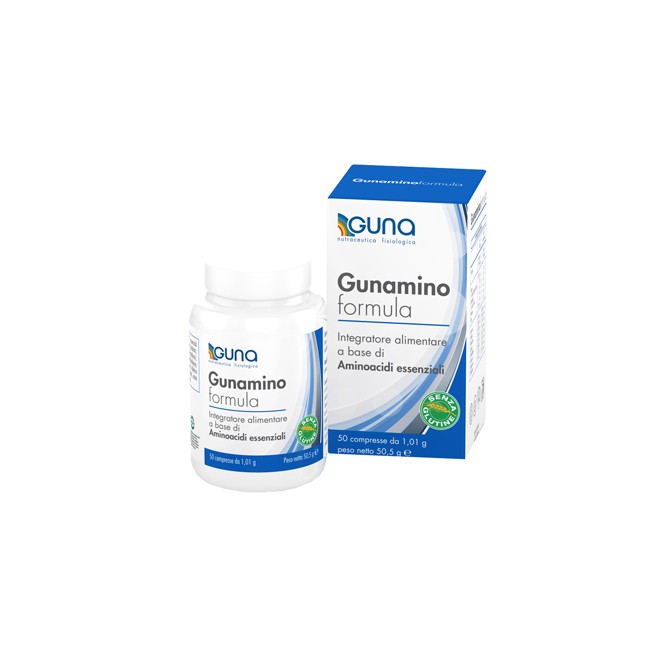 Confezione da 50 compresse di Guna Gunamino Formula con amminoacidi essenziali. Confezione da 50 compresse di Guna Gunamino Formula con amminoacidi essenziali.