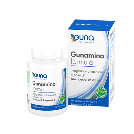 Confezione da 50 compresse di Guna Gunamino Formula con amminoacidi essenziali. Confezione da 50 compresse di Guna Gunamino Formula con amminoacidi essenziali.