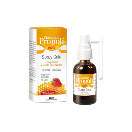 Flacone spray da 30 ml. di Golasept Propoli Baby Spray Gola, spray utile nei bambini in caso di gola irritata.