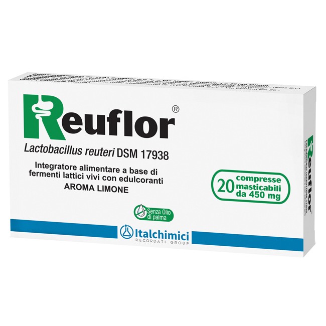 Confezione da 20 compresse di Reuflor, integratore utile in caso di disturbi intestinali. Confezione da 20 compresse di Reuflor, integratore utile in caso di disturbi intestinali.