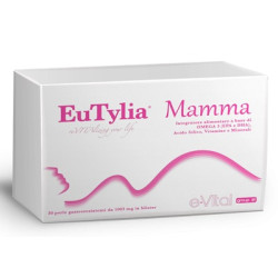 Confezione da 30 capsule molli di EuTylia Mamma, integratore per supportare la gravidanza.