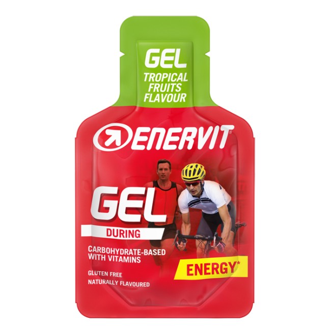 Bustina da 25 ml di Enervit Sport Gel Frutti Tropicali, integratore per allenamenti e gare prolungate. Bustina da 25 ml di Enervit Sport Gel Frutti Tropicali, integratore per allenamenti e gare prolungate.