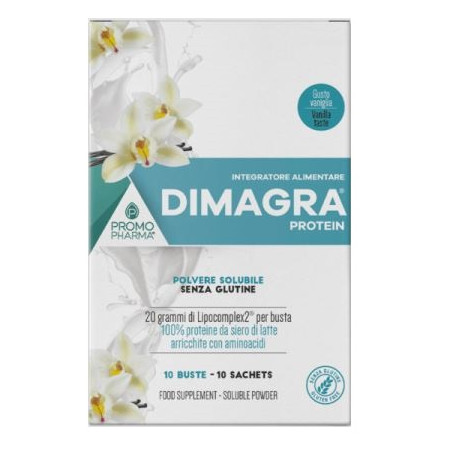 Confezione da 10  buste di Dimagra Protein Integratore Per Aumentare La Massa Muscolare Gusto Vaniglia.