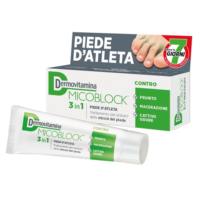 Confezione da 30 ml di Dermovitamina Micoblock 3 In 1 Trattamento Antifungino Per Il Piede D'Atleta.