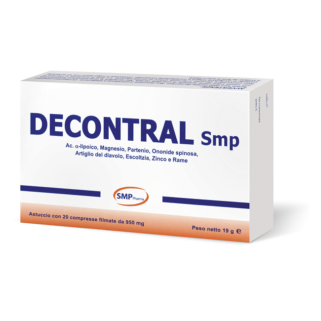 Confezione da 20 compresse di Decontral, integratore per i muscoli e i tessuti connettivi. Confezione da 20 compresse di Decontral, integratore per i muscoli e i tessuti connettivi.