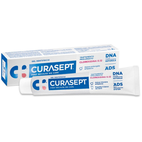 Tubo da 75 ml di Curasept Clorexidina 0.12% ADS + DNA, dentifricio antiplacca e antitartaro. Tubo da 75 ml di Curasept Clorexidina 0.12% ADS + DNA, dentifricio antiplacca e antitartaro.