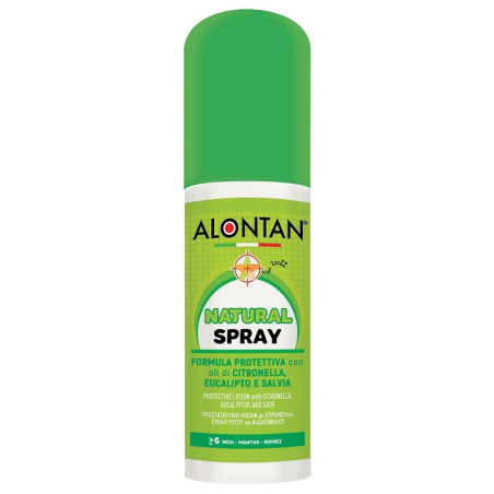Flacone spray da 75 ml di Alontan Natural Spray repellente per zanzare e altri insetti.