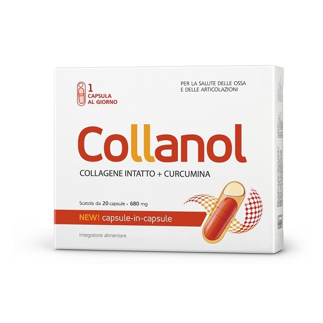 Confezione da 20 capsule di Collanol, integratore di collagene per ossa e articolazioni. Confezione da 20 capsule di Collanol, integratore di collagene per ossa e articolazioni.