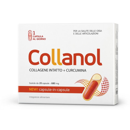 Confezione da 20 capsule di Collanol, integratore di collagene per ossa e articolazioni.