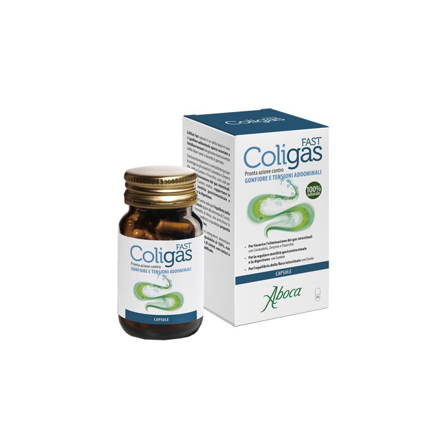 Confezione da 50 capsule di Aboca Coligas Fast, integratore per pancia gonfia e meteorismo. Confezione da 50 capsule di Aboca Coligas Fast, integratore per pancia gonfia e meteorismo.