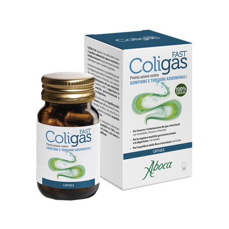 Confezione da 50 capsule di Aboca Coligas Fast, integratore per pancia gonfia e meteorismo.
