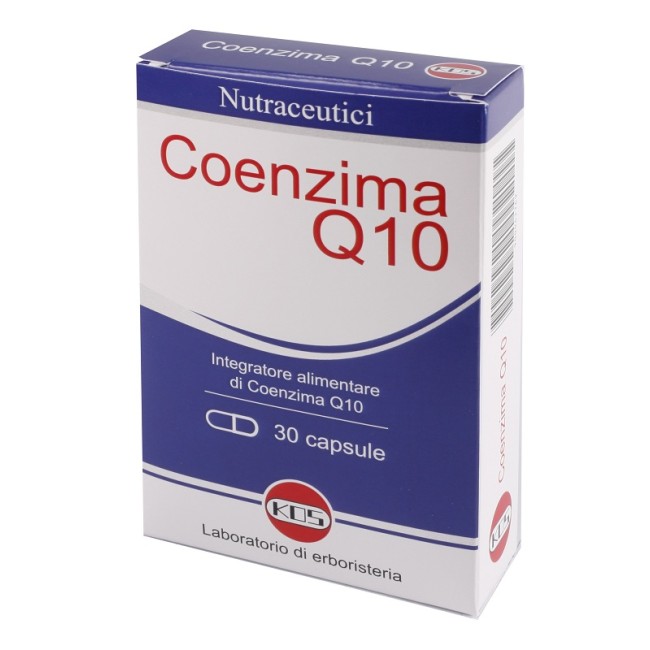 Confezione da 30 capasule di Kos Coenzima Q10, integratore ad azione antiossidante e anti-invecchiamento.