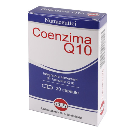 Confezione da 30 capasule di Kos Coenzima Q10, integratore ad azione antiossidante e anti-invecchiamento.