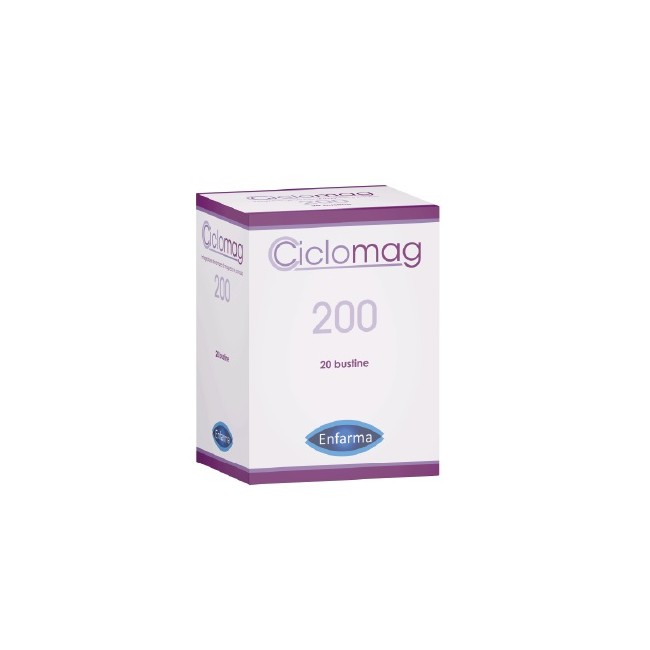 Confezione da 20 bustine di Ciclomag 200 integratore di magnesio e potassio. Confezione da 20 bustine di Ciclomag 200 integratore di magnesio e potassio.
