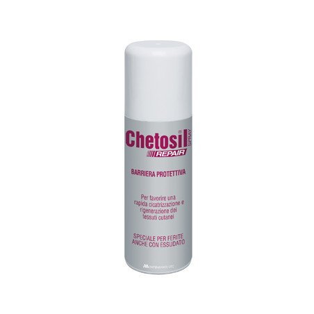 Flacone spray da 125 ml di Chetosil Repair Spray, rimedio per curare la pelle in caso di ferite e piaghe. Flacone spray da 125 ml di Chetosil Repair Spray, rimedio per curare la pelle in caso di ferite e piaghe.