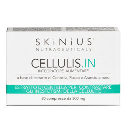 Confezione da 30 compresse di Skinius Cellulis IN, integratore per ridurre ritenzione idrica e cellulite.