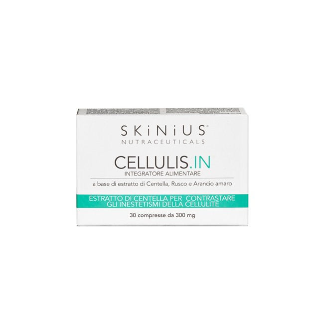 Confezione da 30 compresse di Skinius Cellulis IN, integratore per ridurre ritenzione idrica e cellulite.