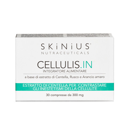 Confezione da 30 compresse di Skinius Cellulis IN, integratore per ridurre ritenzione idrica e cellulite.