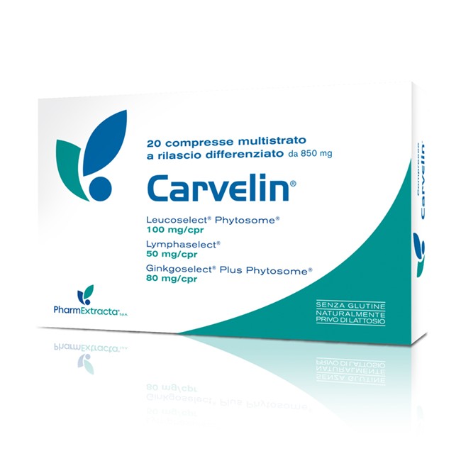 Confezione da 20 compresse di Carvelin, integratore utile per la regolare funzionalità del microcircolo. Confezione da 20 compresse di Carvelin, integratore utile per la regolare funzionalità del microcircolo.