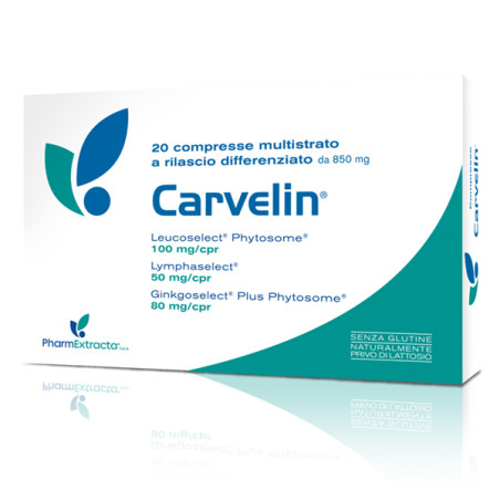 Confezione da 20 compresse di Carvelin, integratore utile per la regolare funzionalità del microcircolo.