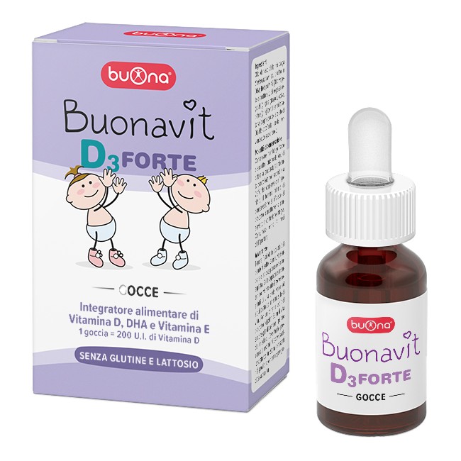 Flacone da 12 ml di Buona Buonavit D3 Forte, integratore per bambini con vitamina D e DHA.