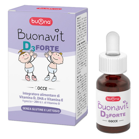 Flacone da 12 ml di Buona Buonavit D3 Forte, integratore per bambini con vitamina D e DHA.