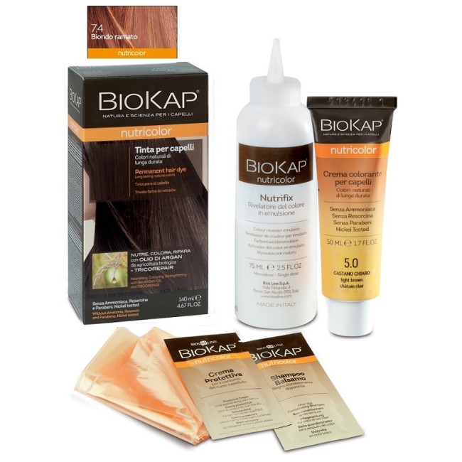 BIOKAP NUTRICOLOR 7,4 NEW BIONDO RAMATO TINTA TUBO + FLACONE BIOKAP NUTRICOLOR 7,4 NEW BIONDO RAMATO TINTA TUBO + FLACONE