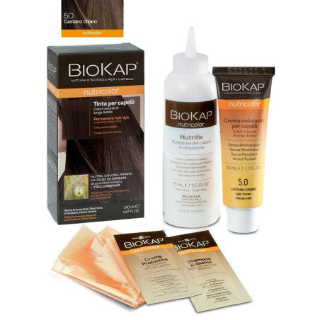 Cpnfezione contenente Biokap Nutricolor 5.0, tinta per capelli colore castano chiaro. Cpnfezione contenente Biokap Nutricolor 5.0, tinta per capelli colore castano chiaro.
