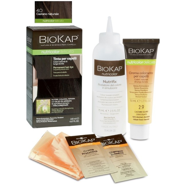 Confezione contenente Bios Line Biokap Nutricolor Delicato 4.0, tinta per capelli castano naturale. Confezione contenente Bios Line Biokap Nutricolor Delicato 4.0, tinta per capelli castano naturale.