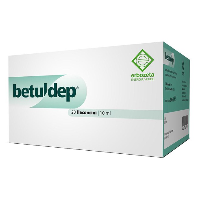 Confezione contenente 20 fiale da 10 ml di Betuldep, integratore drenante per l'apparato urinario. Confezione contenente 20 fiale da 10 ml di Betuldep, integratore drenante per l'apparato urinario.
