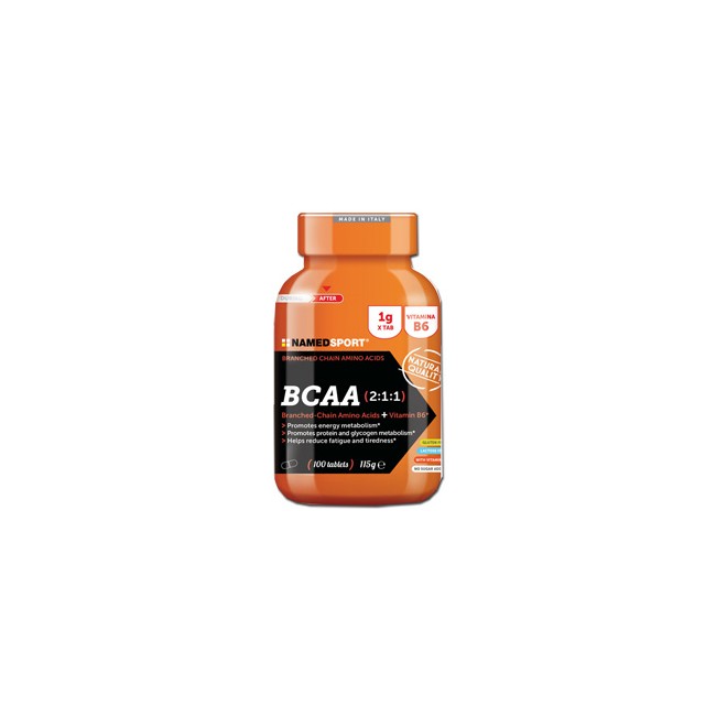 Confezione da 100 compresse di Named Sport BCAA 2:1:1, integratore di aminoacidi ramificati per sportivi.