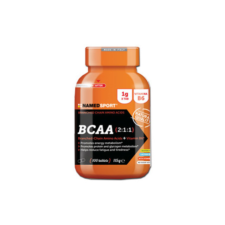 Confezione da 100 compresse di Named Sport BCAA 2:1:1, integratore di aminoacidi ramificati per sportivi.