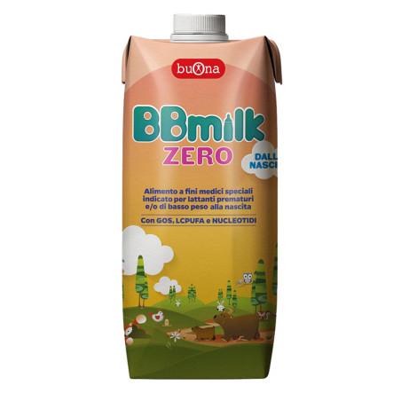 Brick da 500 ml di Buona BBMilk, alimento per lattanti prematuri o di basso peso alla nascita.