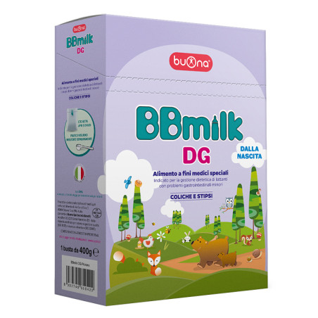 Busta da 400 g di Buona BBMilk DG, latte per stipsi e coliche.