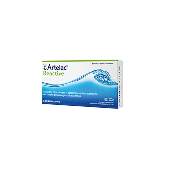 Confezione contenente 10 flaconcini monodose di Artelac reactive, collirio per occhi irritati e stanchi. Confezione contenente 10 flaconcini monodose di Artelac reactive, collirio per occhi irritati e stanchi.