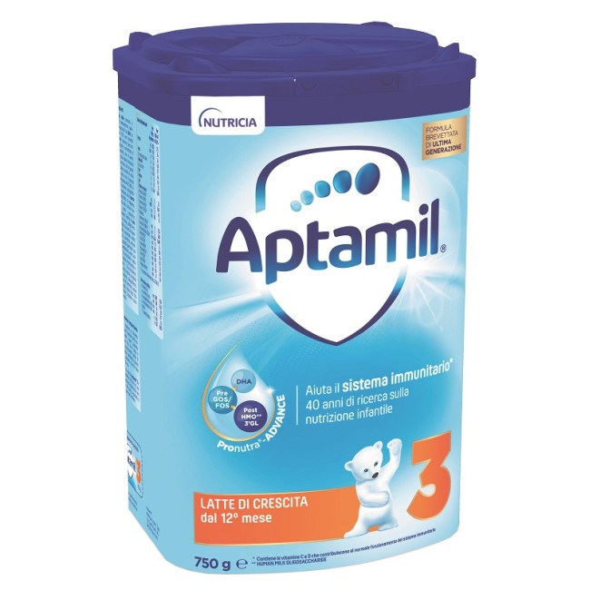 Confezione da 750 grammi di Aptamil 3, latte di crescita per bambini dai 12 mesi.