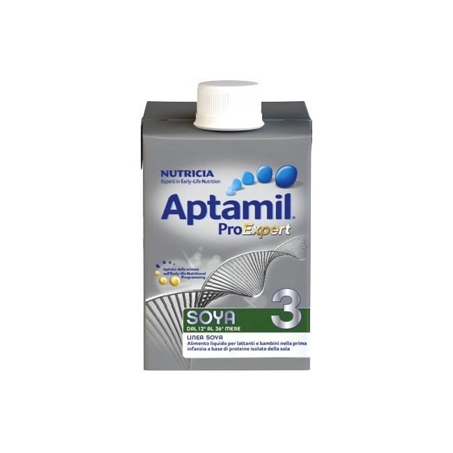 Confezione da 500 ml di Aptamil 3 Soya, latte di crescita per bambini intolleranti al lattosio.