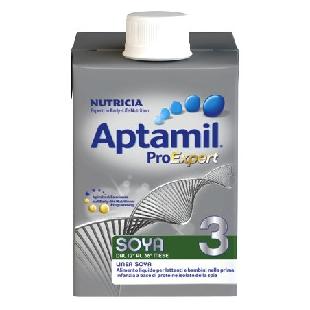 Confezione da 500 ml di Aptamil 3 Soya, latte di crescita per bambini intolleranti al lattosio.